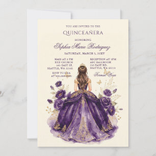 Lila Goldene Prinzessin Florale Tiara Quinceañera Einladung
