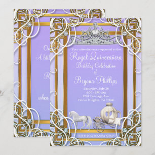 Lila Goldene Prinzessinnenkrone & Kutsche Quinceañ Einladung