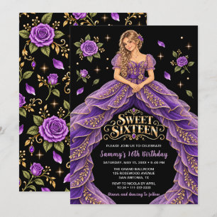 Lila Goldene Rose Sweet Sixteen Geburtstag Einladung