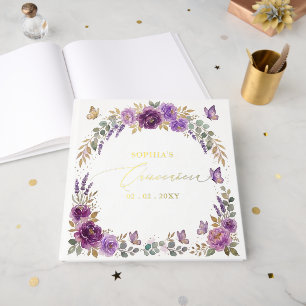 Lila-goldene Schmetterlinge Florale Quinceañera Gästebuch