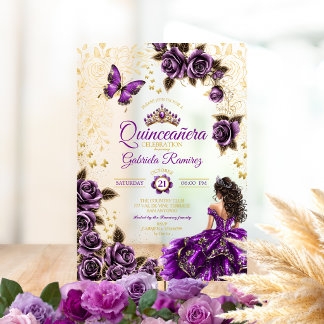 Lila goldene Tiara-Rosen-Schmetterling-Quinceañera Acryleinladungen