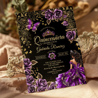Lila goldene Tiara Rosen Schmetterling Quinceañera Einladung