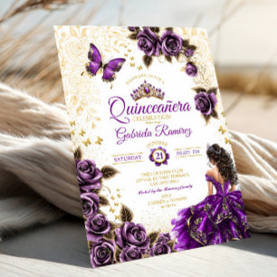 Lila goldene Tiara Rosen Schmetterling Quinceañera Einladung