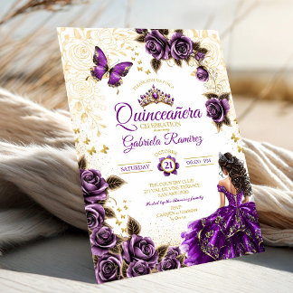 Lila goldene Tiara Rosen Schmetterling Quinceañera Einladung