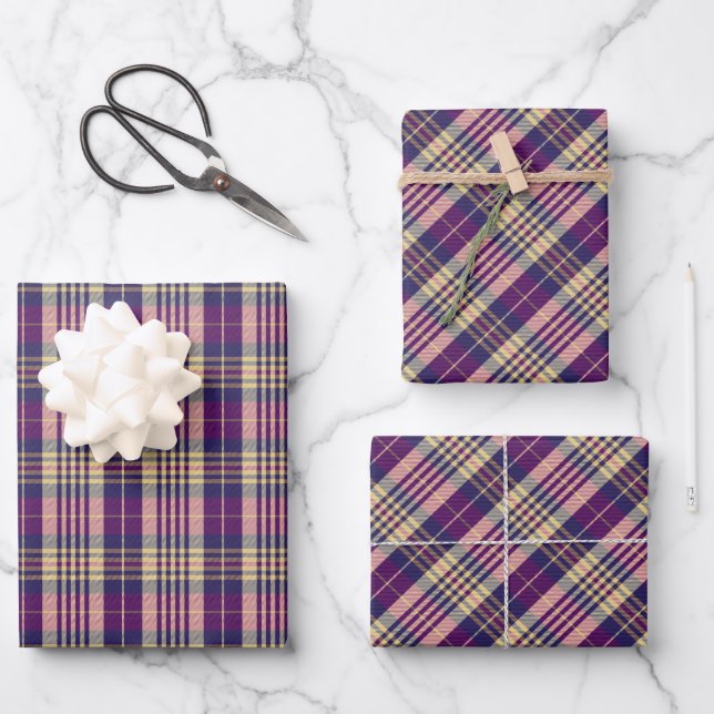 Lila, goldener und blauer Tartan Geschenkpapier Set (Vorderseite)