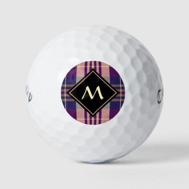 Lila, goldener und blauer Tartan Golfball (Vorderseite)