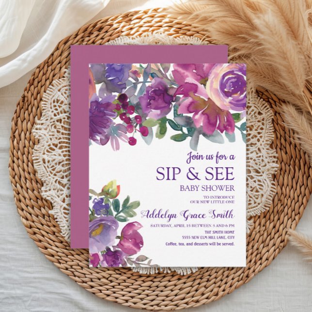 Lila goldfarbenes Blumensipp Kinderdusche Einladung (Purple watercolor floral Sip and See Baby Shower invitation)