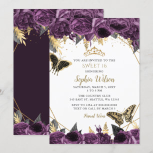 Lila Goldfloral-Schmetterling Sweet 16 Einladung
