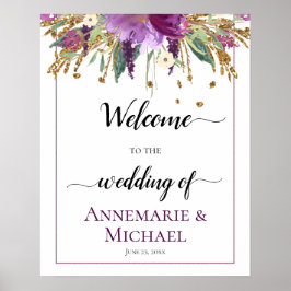 Lila Goldflorale Herzlich willkommen beim Hochzeit Poster