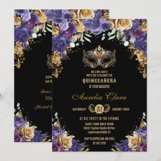 Lila Goldflorale Masquera Ball Quinceañera Einladung