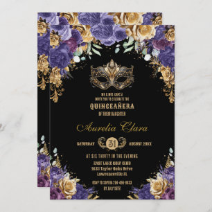 Lila Goldflorale Masquera Ball Quinceañera Einladung