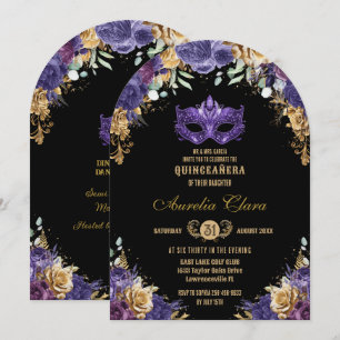 Lila Goldflorale Masquera Ball Quinceañera Einladung