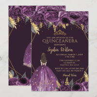 Lila Goldfloralprinzessin Quinceñera Einladung