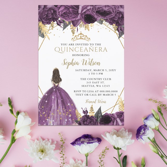 Lila Goldfloralprinzessin Quinceñera Einladung (Purple Gold Floral Princess Quinceañera  Invitation)