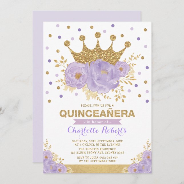 Lila Goldflorenkrone Confetti Quinceañera Einladung (Vorne/Hinten)