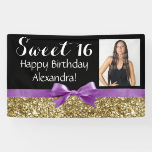 Lila GoldGlitzer-Foto-Bonbon 16 Geburtstags-Party Banner