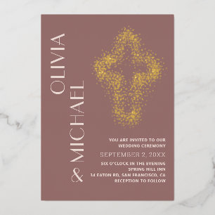 Lila Goldkreuz. Moderne Punkte christlich Hochzeit Folieneinladung