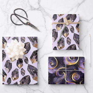 Lila Goldkristalle Geburtstag Geschenkpapier Set