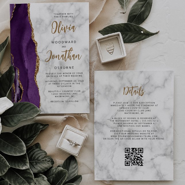 Lila Goldmarble Agate Script QR Code Hochzeit Einladung (Von Creator hochgeladen)