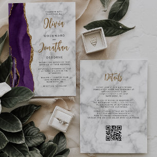 Lila Goldmarmor-Achat Schrift QR-Code Hochzeit Einladung
