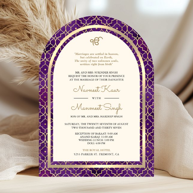 Lila Goldmedaille QR Code Sikh Arch Wedding Einladung (Von Creator hochgeladen)