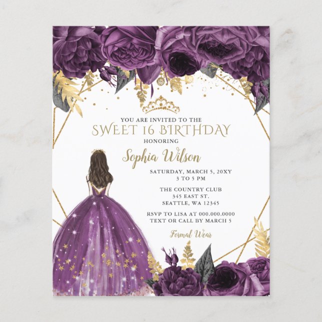 Lila Goldprinzessin Sweet 16 Einladung (Vorderseite)