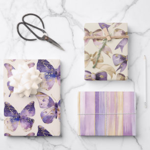 Lila Goldschmetterlinge Bögen Streifen Geburtstag Geschenkpapier Set