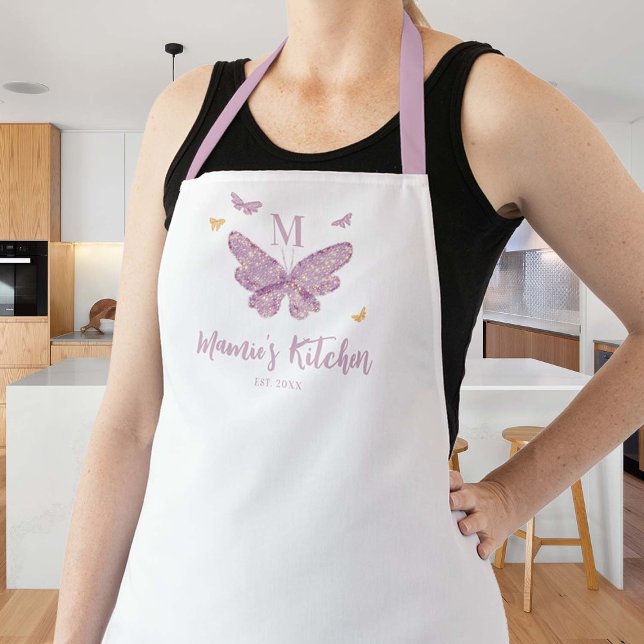 Lila Goldschmetterlinge für die Monogramm-Mama Schürze (butterflies personalized apron mom hostess grandma gift thanksgiving christmas custom monogram lilac)