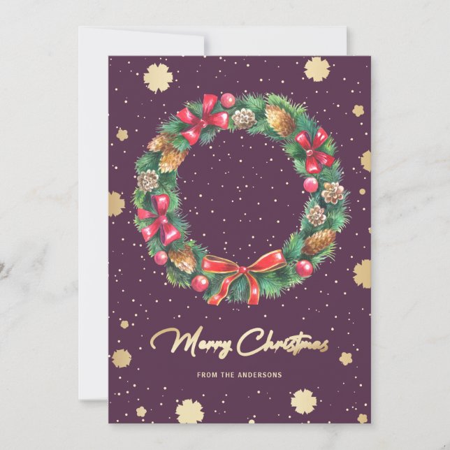 Lila Goldschneeflocken Wreath-Foto Feiertagskarte (Vorderseite)