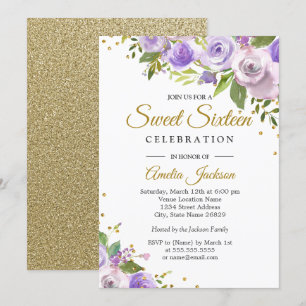 Lila Goldsparkle Floral 16 . Geburtstag Einladung