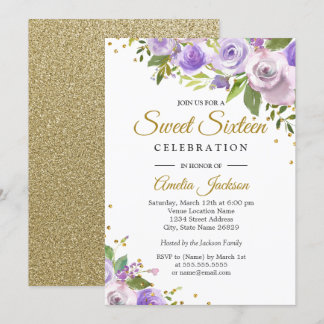 Lila Goldsparkle Floral 16 . Geburtstag Einladung