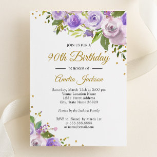 Lila Goldsparkle Floral 90. Geburtstag Einladung