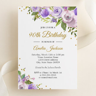 Lila Goldsparkle Floral 90. Geburtstag Einladung