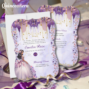 Lila Goldsparkle Quinceanera Rose Einladung