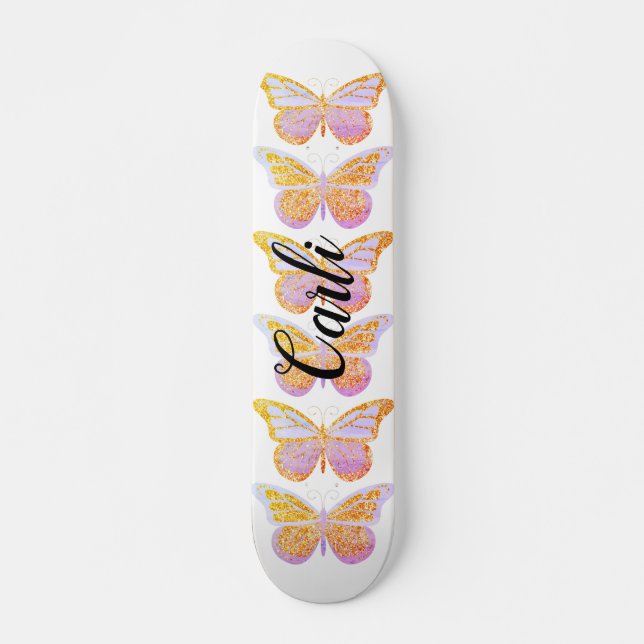 Lila Goldsparkle-Schmetterlinge Personalisiert Skateboard (Vorne)