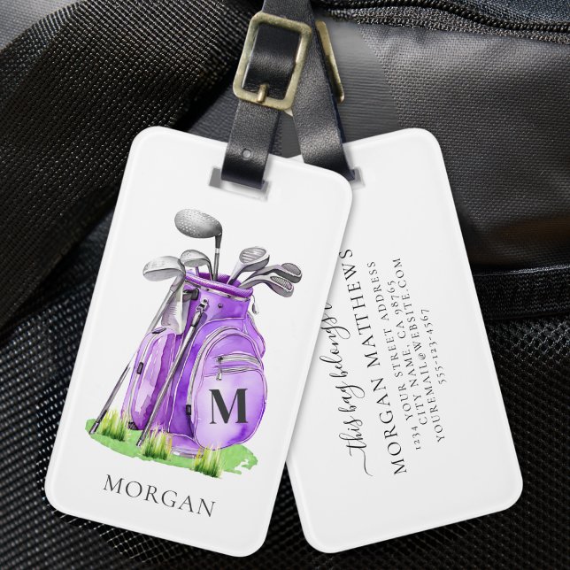 Lila Golfer Monogramm Gepäckanhänger (Purple Golfer Monogram Luggage Tag)