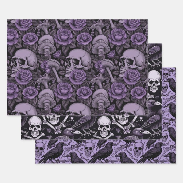 Lila Goth Prints, Raven Skull Mushrooms Geschenkpapier Set (Set)