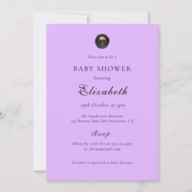 Lila Gothic Baby Dusche Einladung (Vorderseite)