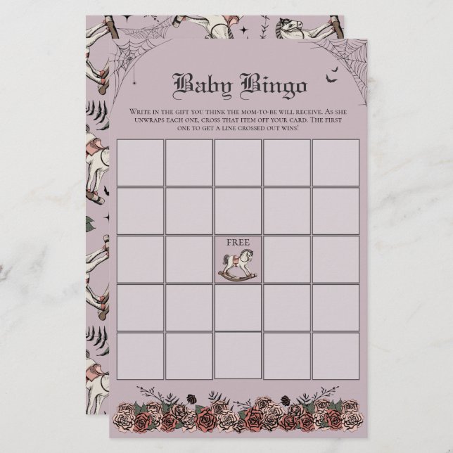 Lila Gothic Baby Shower Rocking Horse Baby Bingo (Vorne/Hinten)