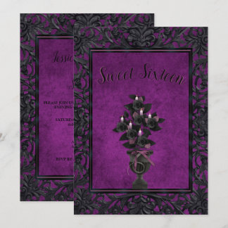 Lila Gothic Frame Black Rose & Candles Sweet 16 Einladung
