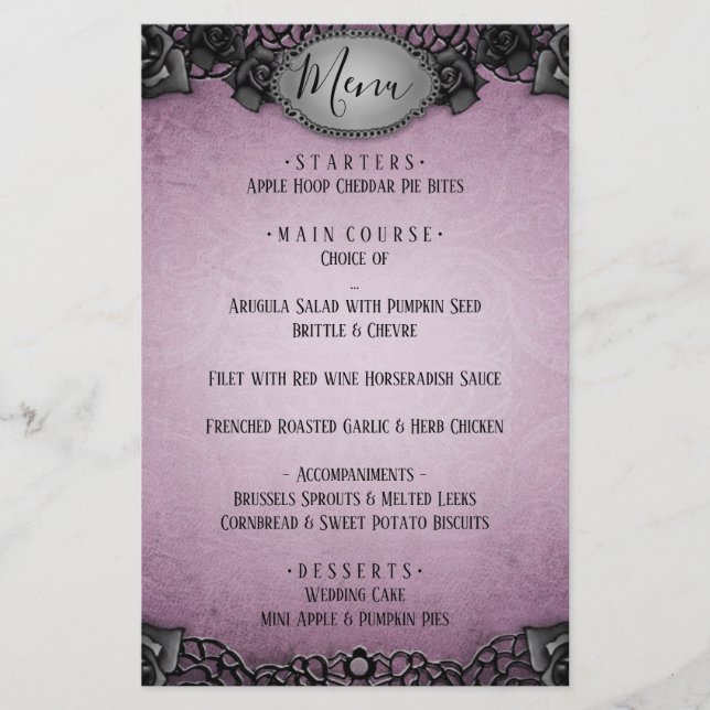 Lila Gothic Matching Wedding Menu (Vorderseite)