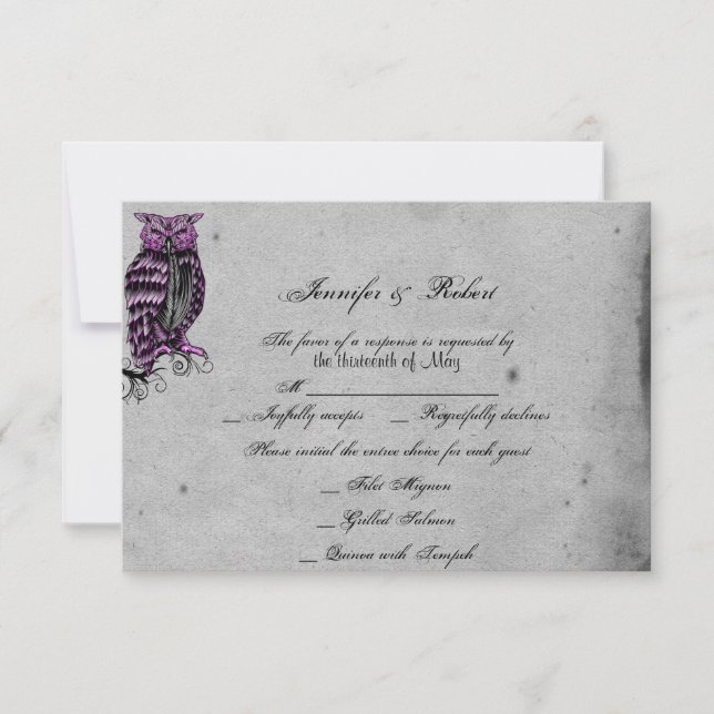 Lila Gothic Owl Posh Wedding Response Card RSVP Karte (Vorderseite)