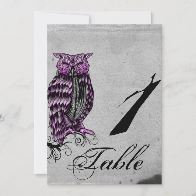 Lila Gothic Owl Posh Wedding Tischnummer (Vorderseite)