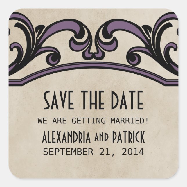Lila Gothic-Wirbel Save the Date Stickers (Vorderseite)