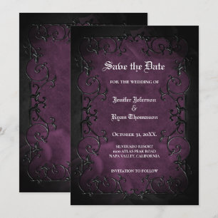 Lila gotische Halloween-Hochzeit Save-the-Date-Kar Ankündigung