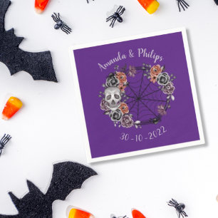 Lila gotische Totenkopf-Rosen-Kranz Halloween-Hoch Serviette