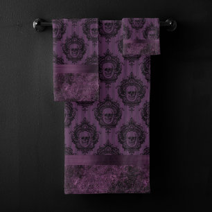 Lila gotischer Chic Eggplant und Schwarze Schäde Badhandtuch Set
