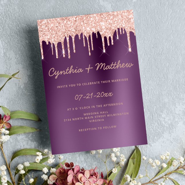 Lila Gradienten Rose Gold Glitzer Tropfen Hochzeit Einladung (Purple gradient rose gold glitter drips wedding )