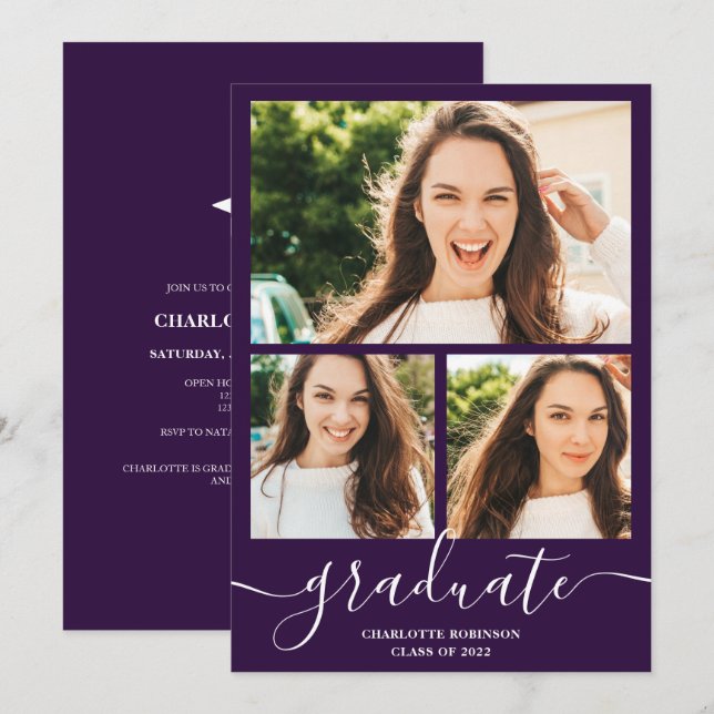 Lila Graduiertenskript 3 Fotos Abschluss Einladung (Vorne/Hinten)