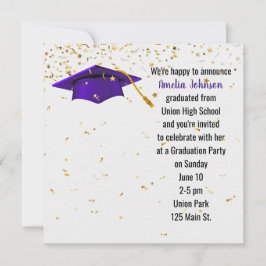 Lila Graduierungsobergrenze mit Gold Confetti Einladung